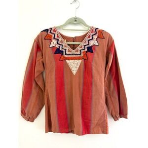 Vintage 1970s Girasol Mexican Boho Hand Embroidered Cotton Tunic Top Folk XS